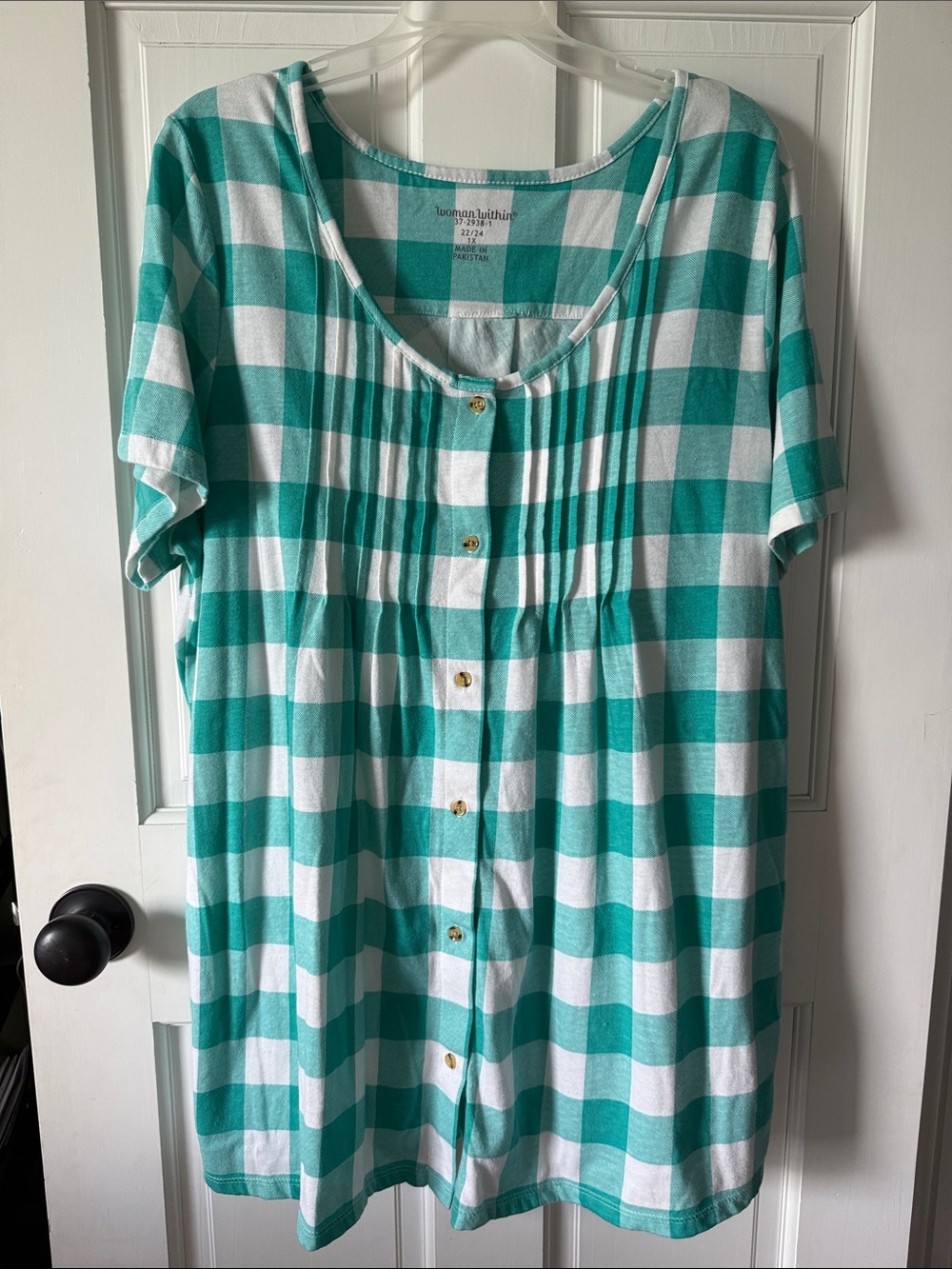 Short Sleeve Button Front Tunic in Teal & White Gingham